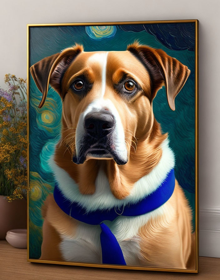 Brown and white dog with soulful eyes in blue collar against teal background on wall.