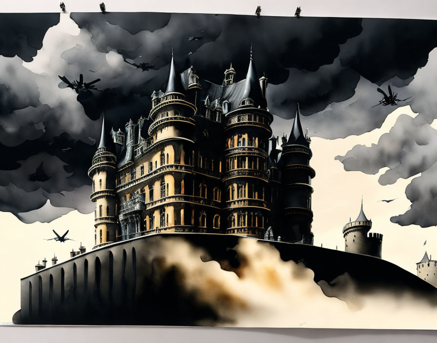 Illustration of dark castle on hill with dragons in stormy sky