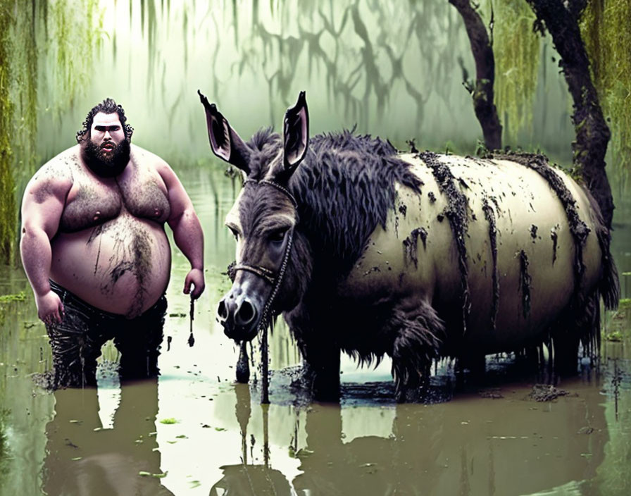 Robust shirtless man and muddy donkey in swampy environment