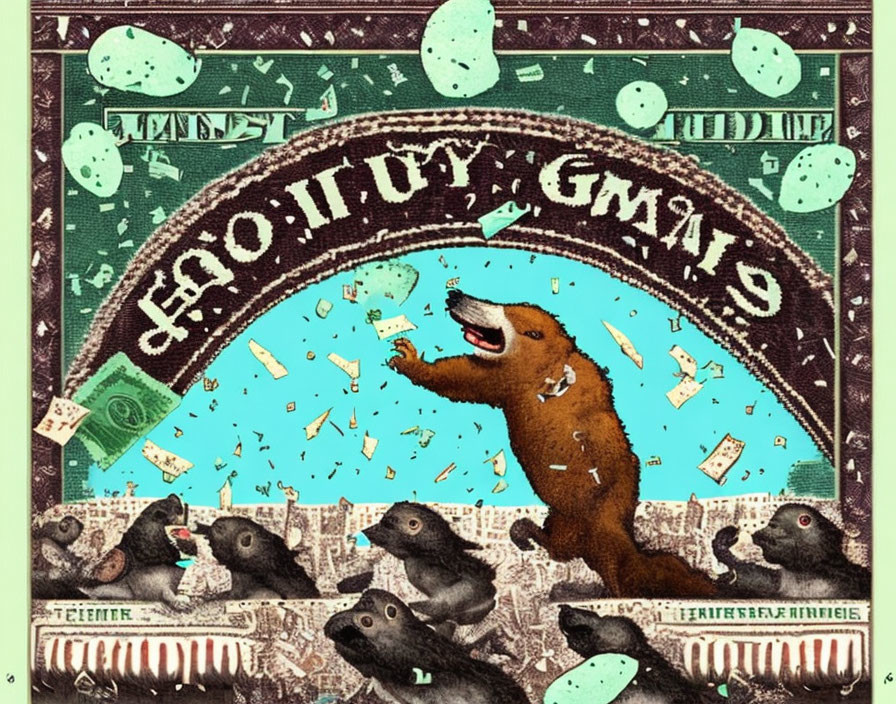 Whimsical brown beaver surrounded by smaller beavers on money backdrop