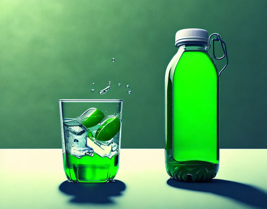 Green liquid in glass with ice cubes next to sealed bottle on table.