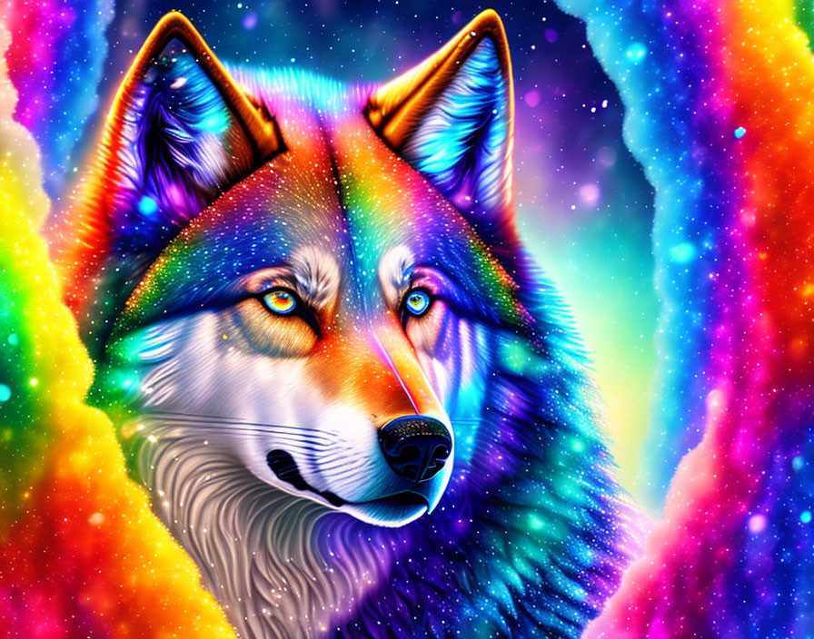 Colorful Digital Artwork: Multicolored Wolf in Cosmic Starry Background