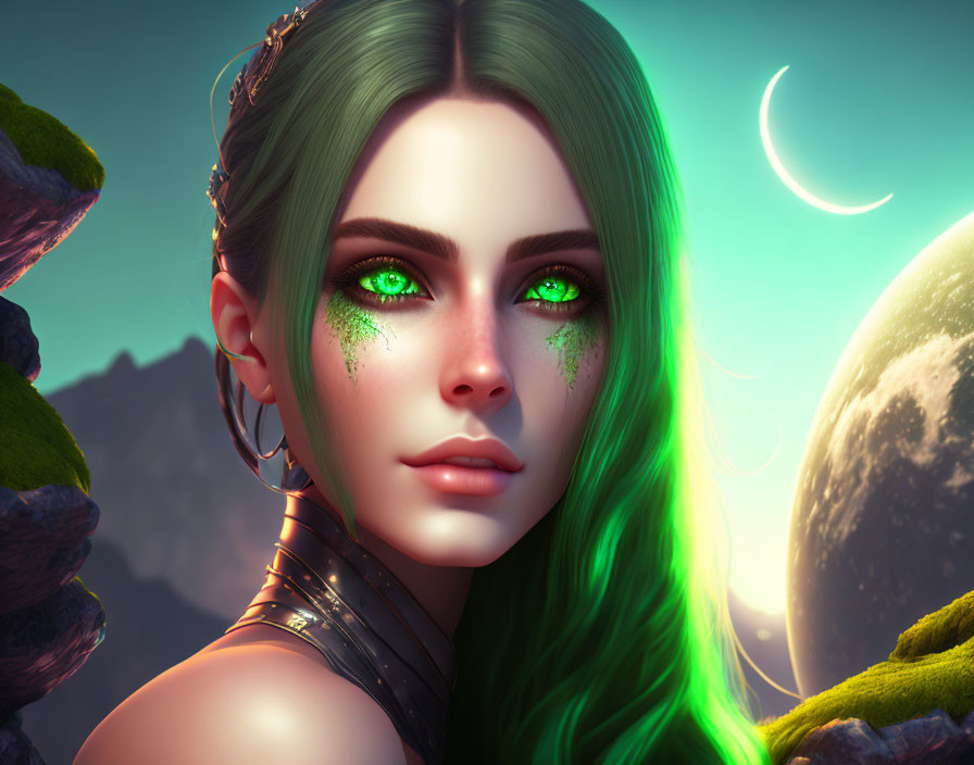 Vibrant green hair and glowing eyes on a digital portrait against a fantasy backdrop