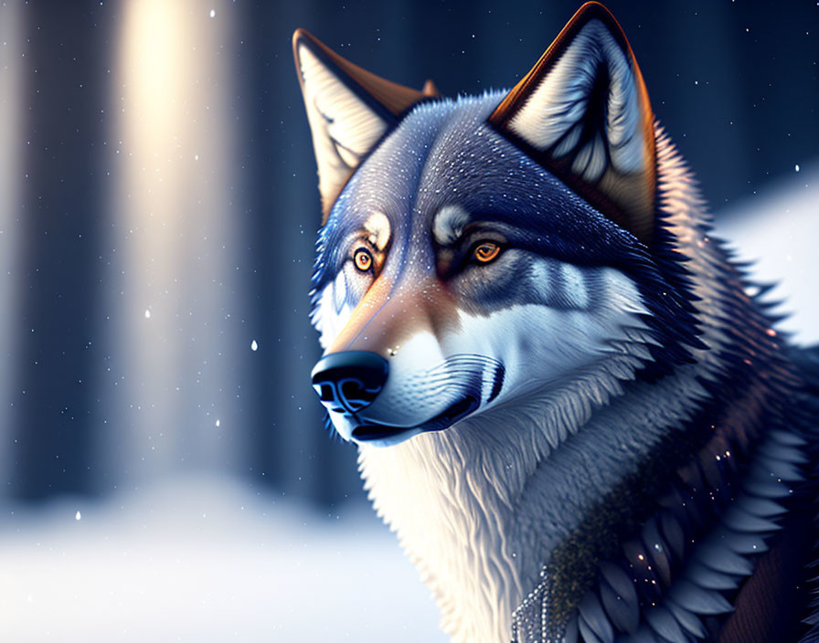 Detailed digital image of wolf with striking eyes in snowy scene