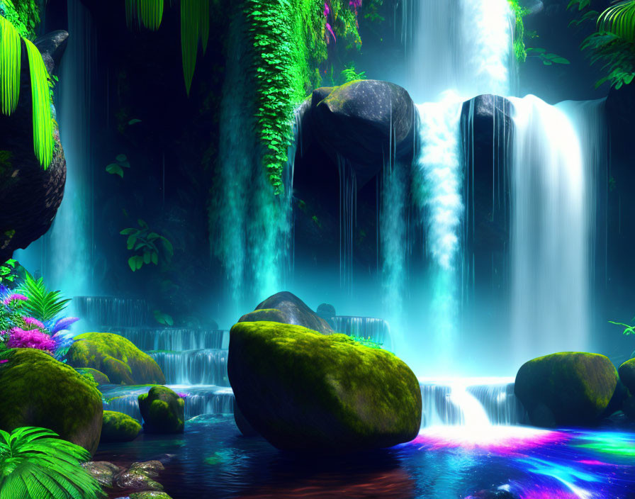 Serene waterfall digital artwork with lush greenery