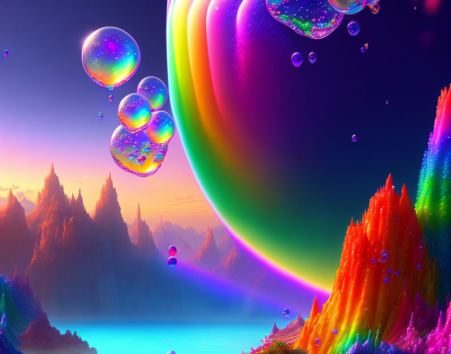 Colorful fantasy landscape with rainbow, bubbles, mountains, and lake at dusk