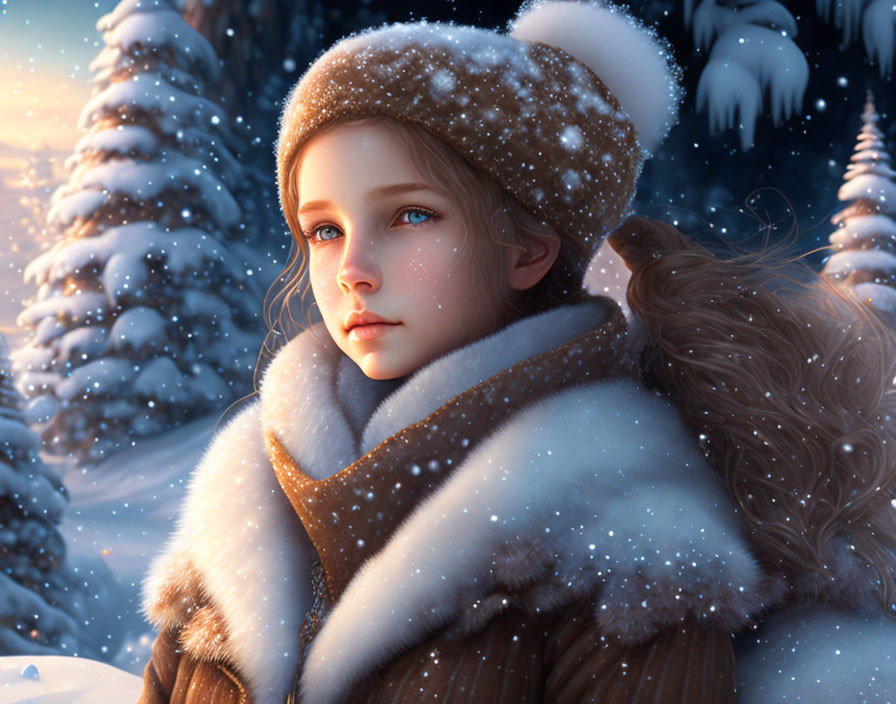 Winter-themed digital art: Girl with blue eyes in fur cap, snowy twilight landscape