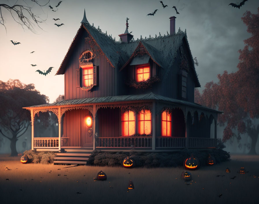 Gothic-style haunted house with pumpkins, bats, and orange lights