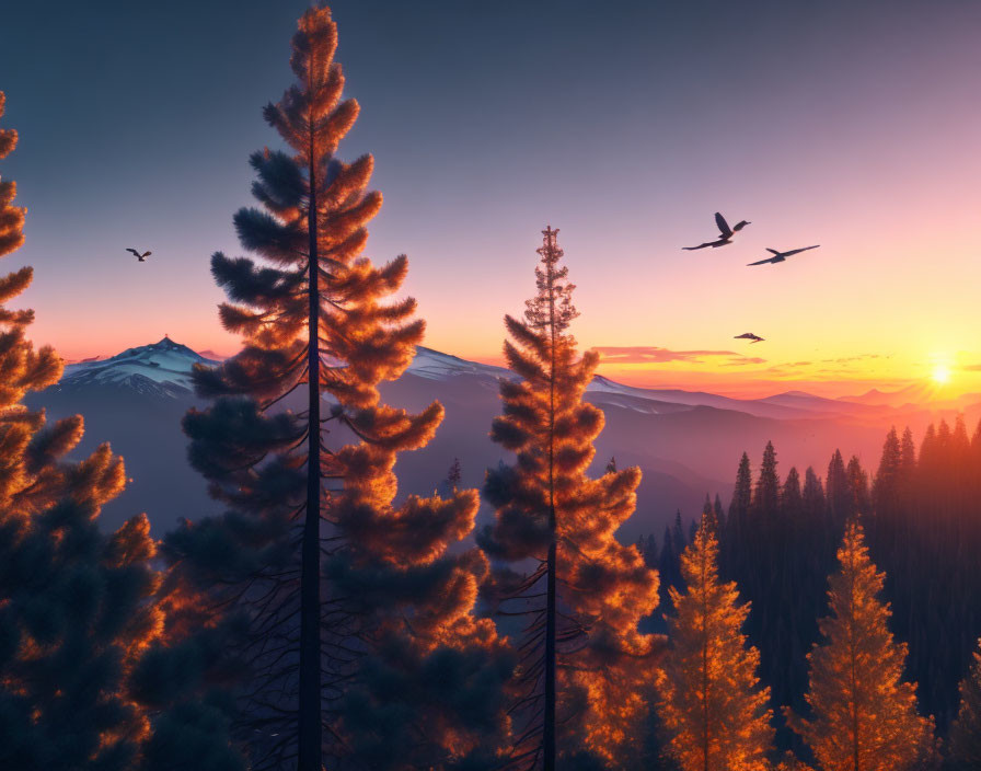 Mountain sunset with pine tree silhouettes and flying birds in orange and blue sky