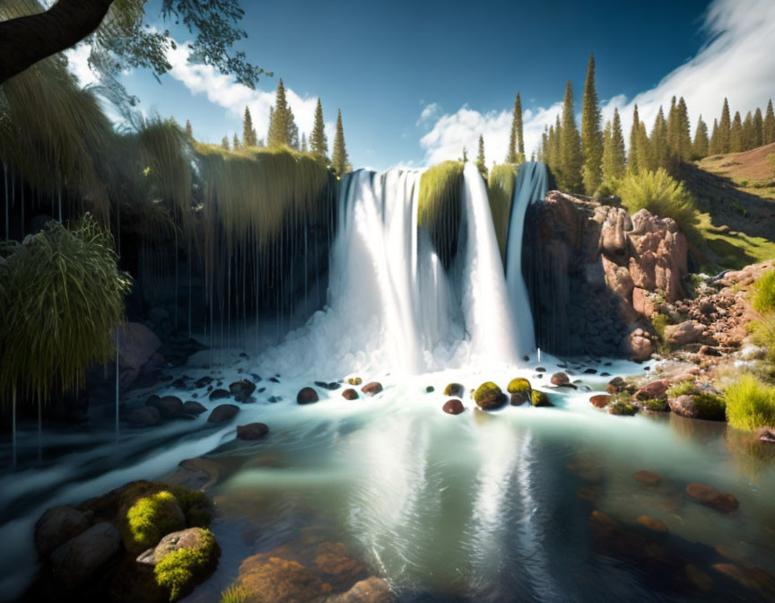 Tranquil waterfall cascading into pool amidst greenery