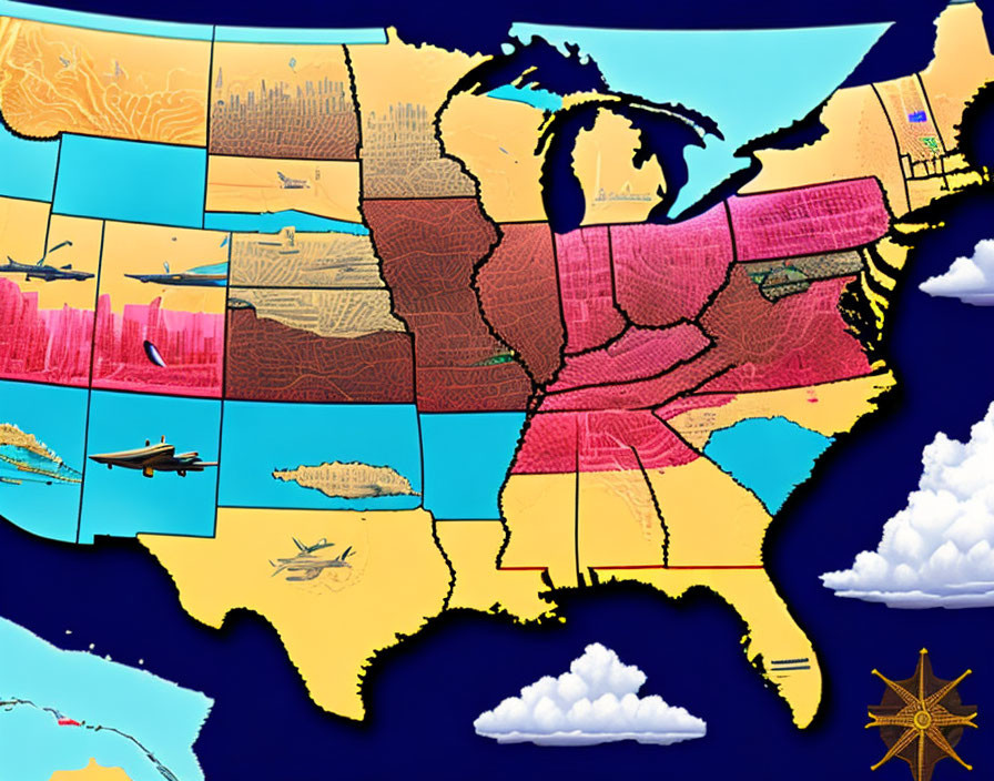 Colorful USA Map with States, Airplanes, Clouds & Compass Rose