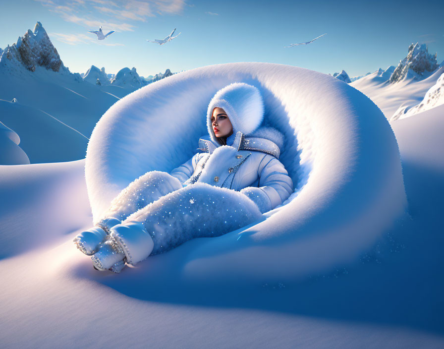 Person in Spiraled Shell-Like Coat Relaxing on Snowy Terrain