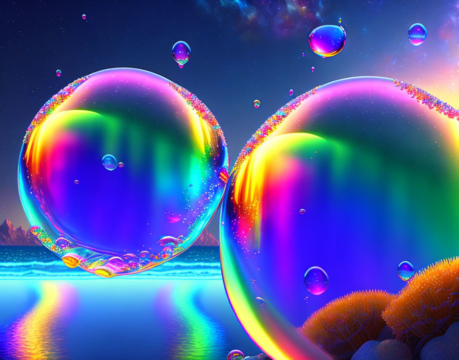 Colorful soap bubbles over calm sea at dusk with mystical landscape