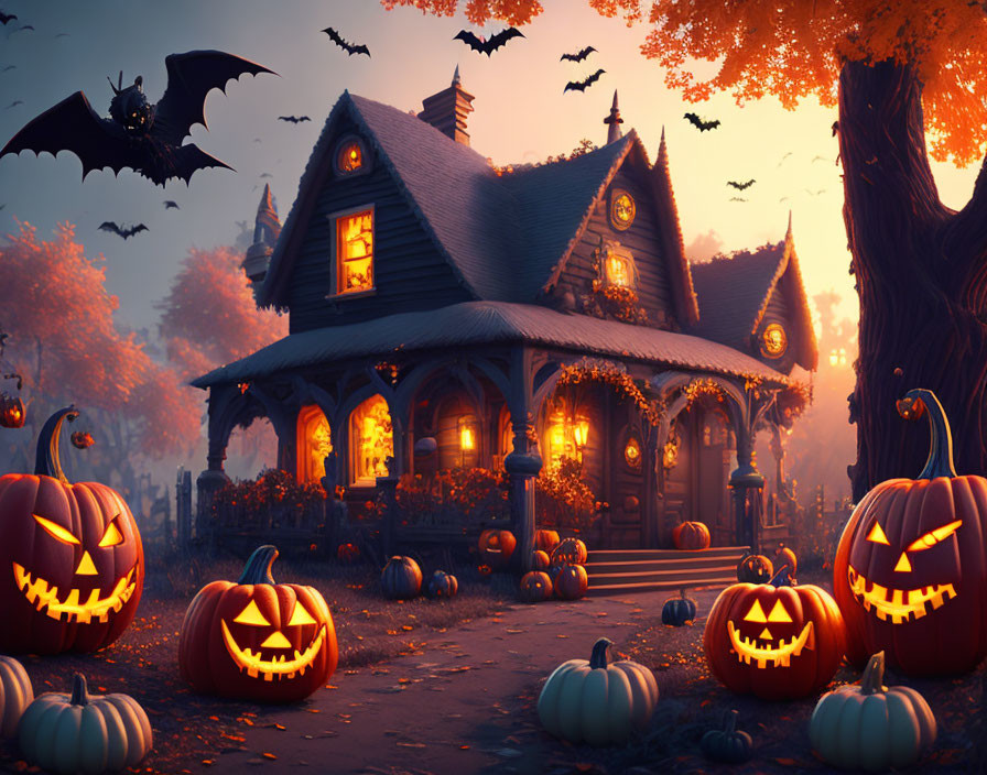 Spooky Halloween scene with jack-o'-lanterns, bats, eerie house, and autumn trees