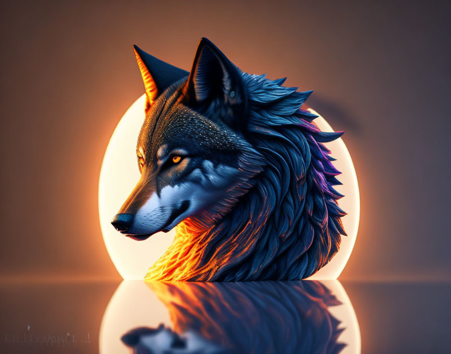 Stylized wolf digital art with vibrant blue and purple hues