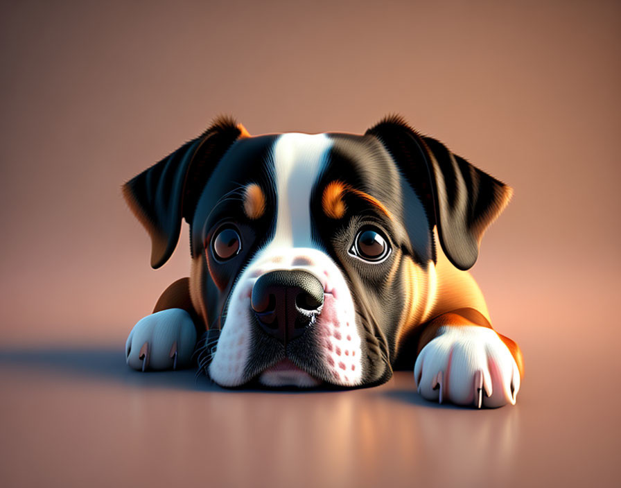 Adorable bulldog puppy 3D illustration with sad eyes and tricolor fur