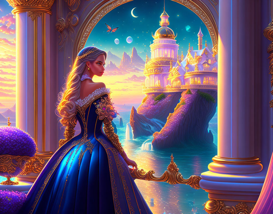 Illustrated princess in blue gown overlooking sunset on coastal landscape