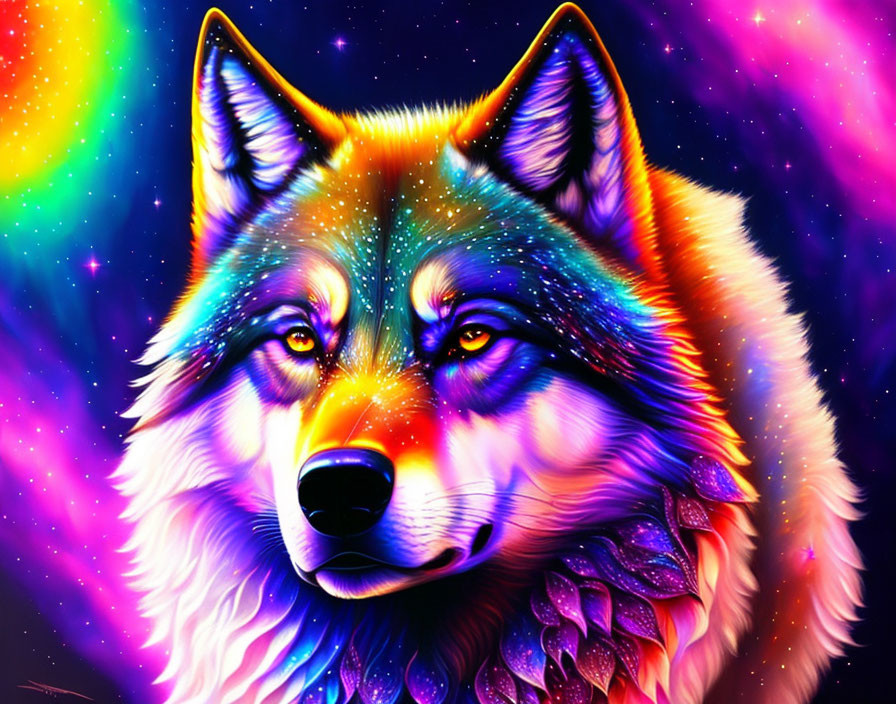 Colorful Wolf Artwork Against Starry Background