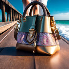 Floral Embroidered Handbag with Tassels on Wooden Boardwalk