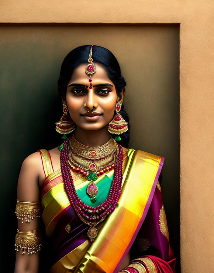 Traditional Indian Attire and Jewelry Portrait by Wall