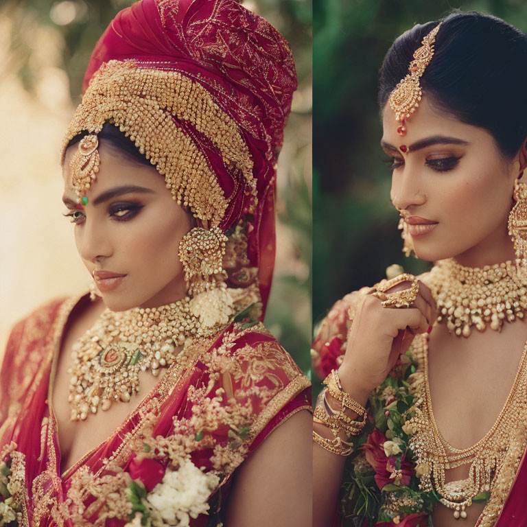 Traditional Indian bridal attire with red lehenga and gold jewelry