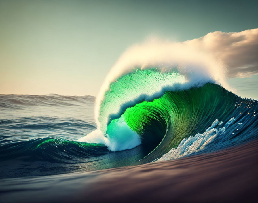 Vibrant green ocean wave with white crest at sunset