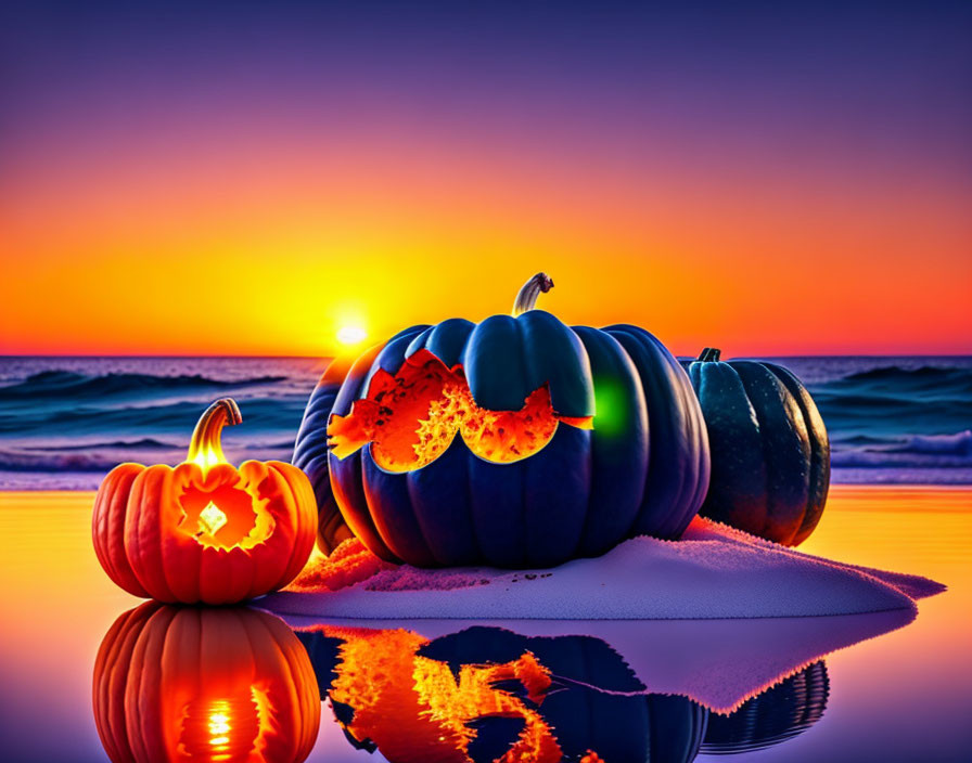 Pumpkin carvings at beach with sunset reflection