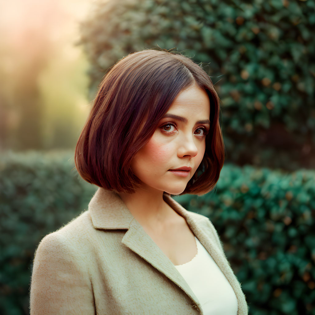Woman with Bob Haircut in Beige Coat Outdoors with Green Hedges