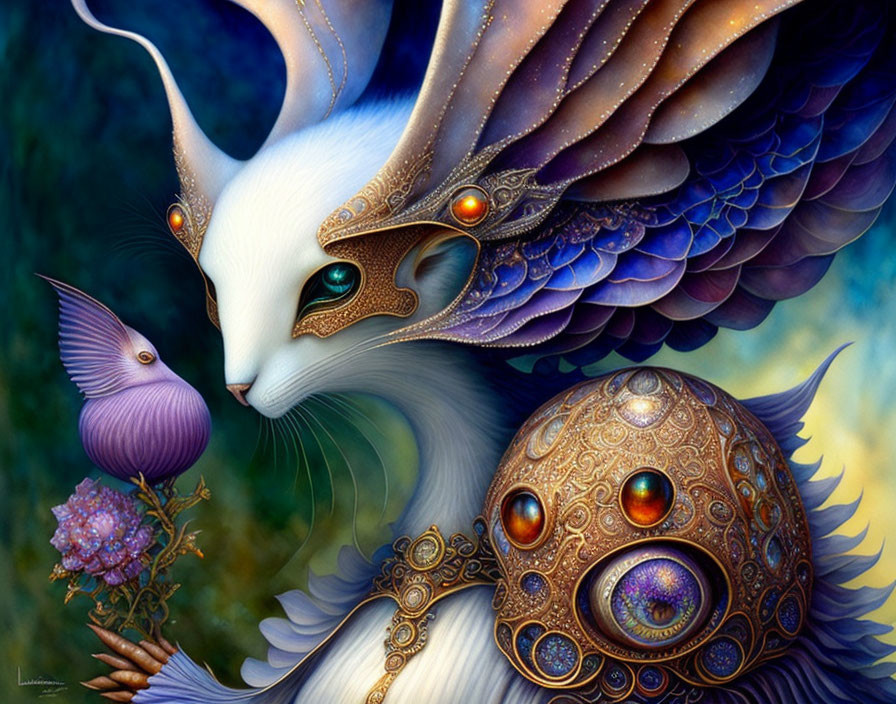 Majestic rabbit-like creature with antlers and wings near bird and ornate egg-shaped object