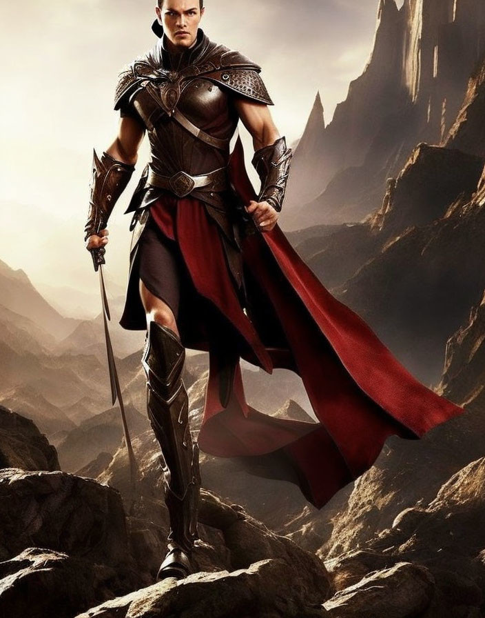 Heroic Figure in Elaborate Armor on Rocky Terrain with Red Cape