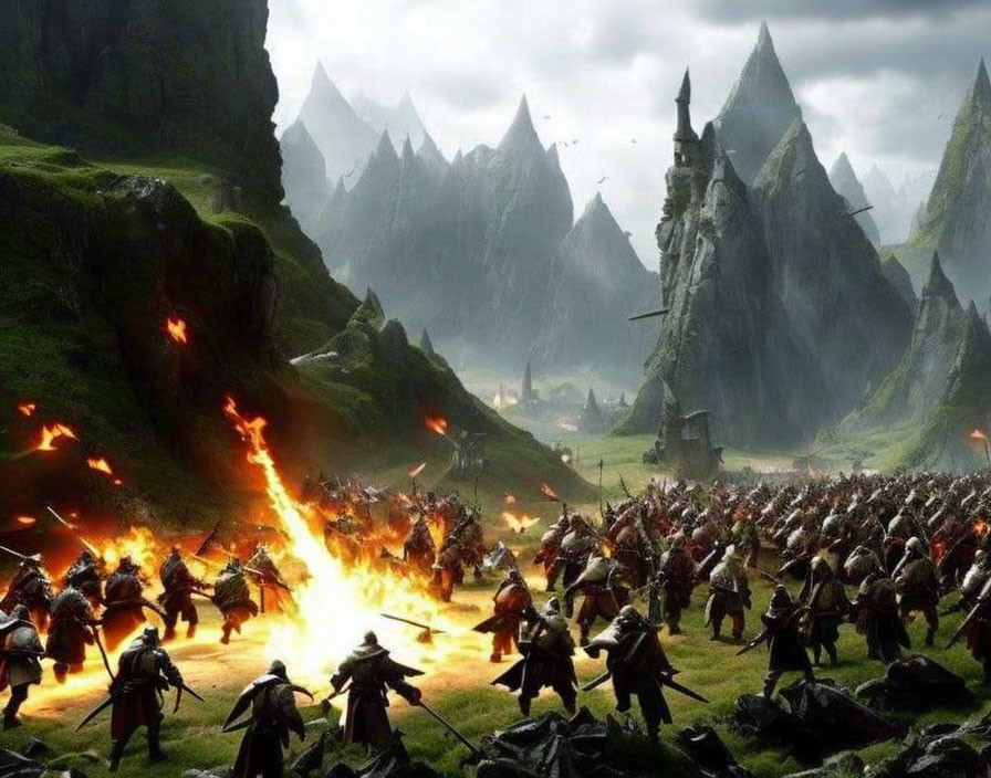 Armored warriors clash in fiery battle amidst misty mountains