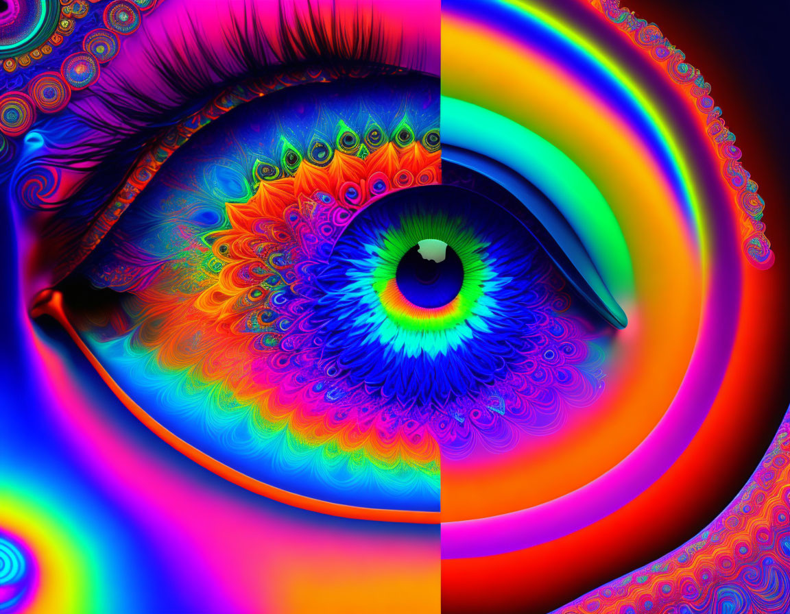 Colorful digital eye art with psychedelic fractal patterns.