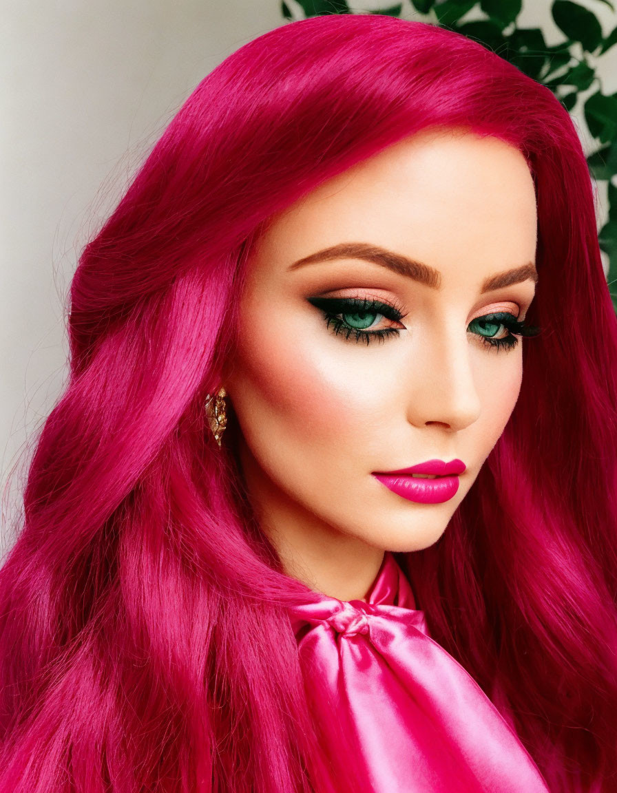 Vibrant pink hair woman with matching lipstick and green eyeshadow pose elegantly