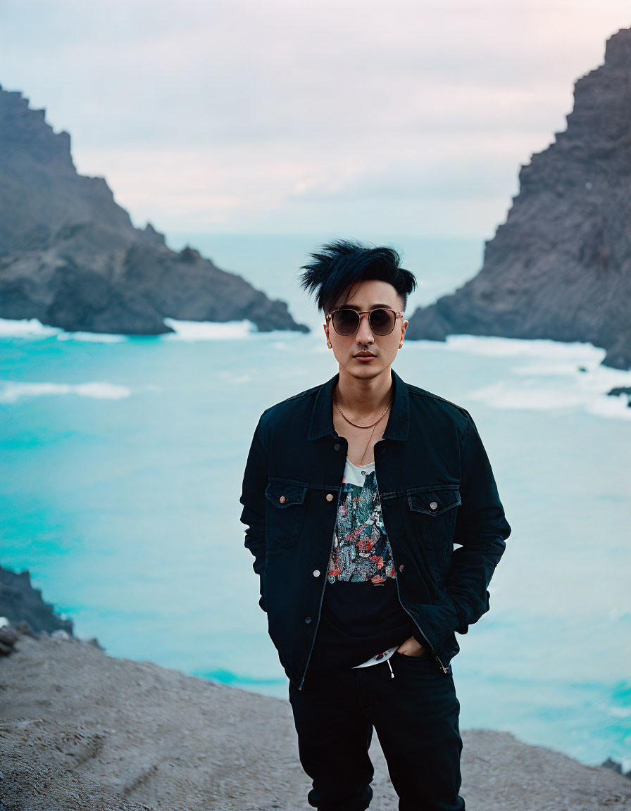 Dark-haired individual in sunglasses at rugged cliffside by turbulent sea