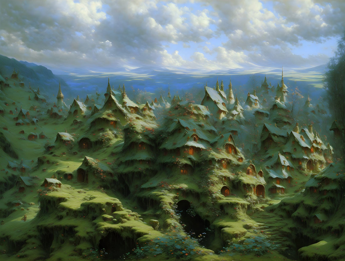 Tranquil landscape with cozy houses nestled in pine hills.