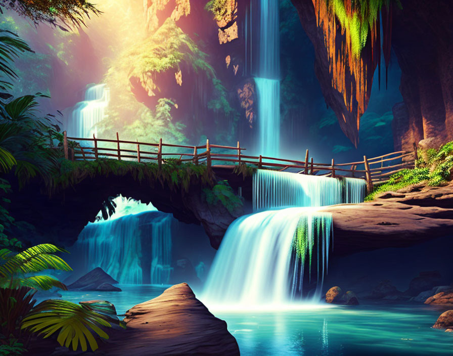 Tranquil waterfall scene with lush surroundings