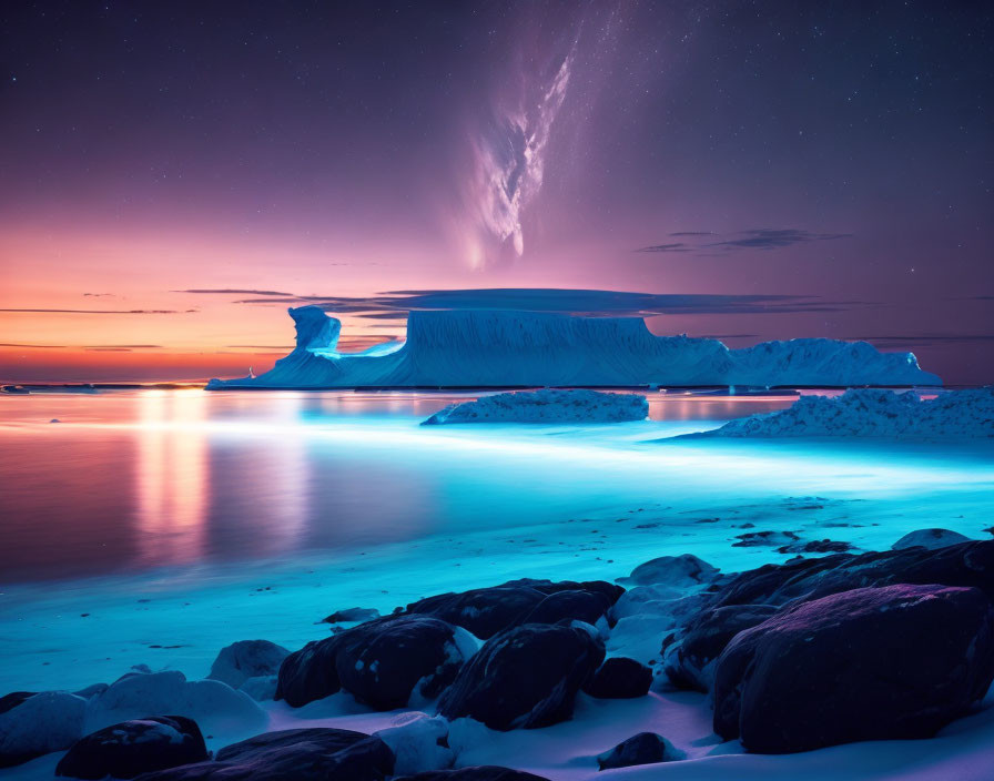 Twilight scene with aurora borealis over massive iceberg & ocean