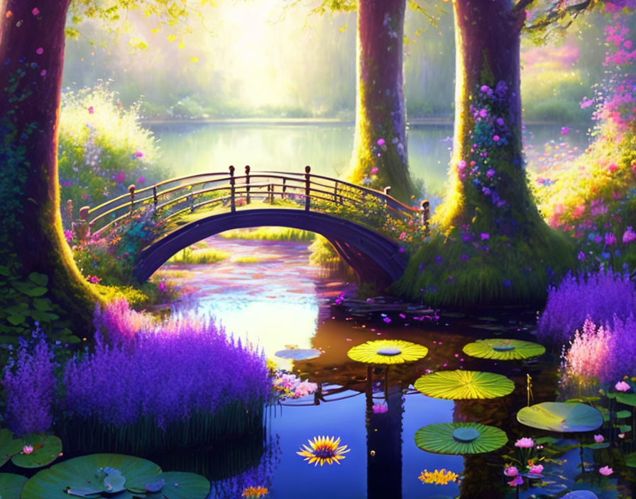 Tranquil pond landscape with vibrant bridge and lush surroundings