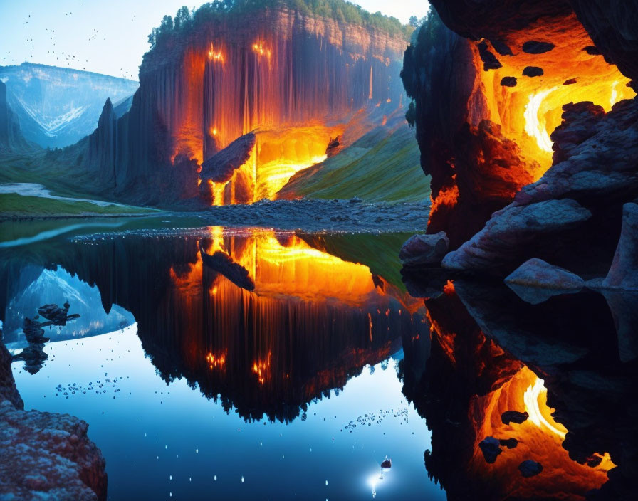 Fiery Waterfall Reflecting in Tranquil Lake from Cave