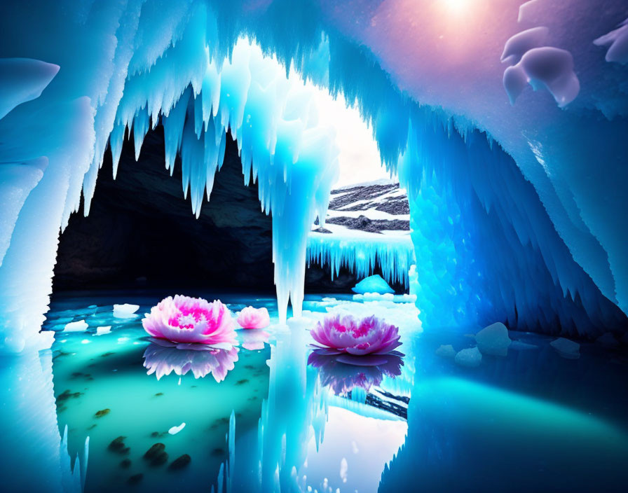 Ethereal ice cave with blue icicles, turquoise water, and pink lotus flowers