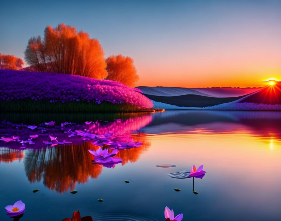 Tranquil lake sunset with purple flowers, sand dunes, and autumn trees