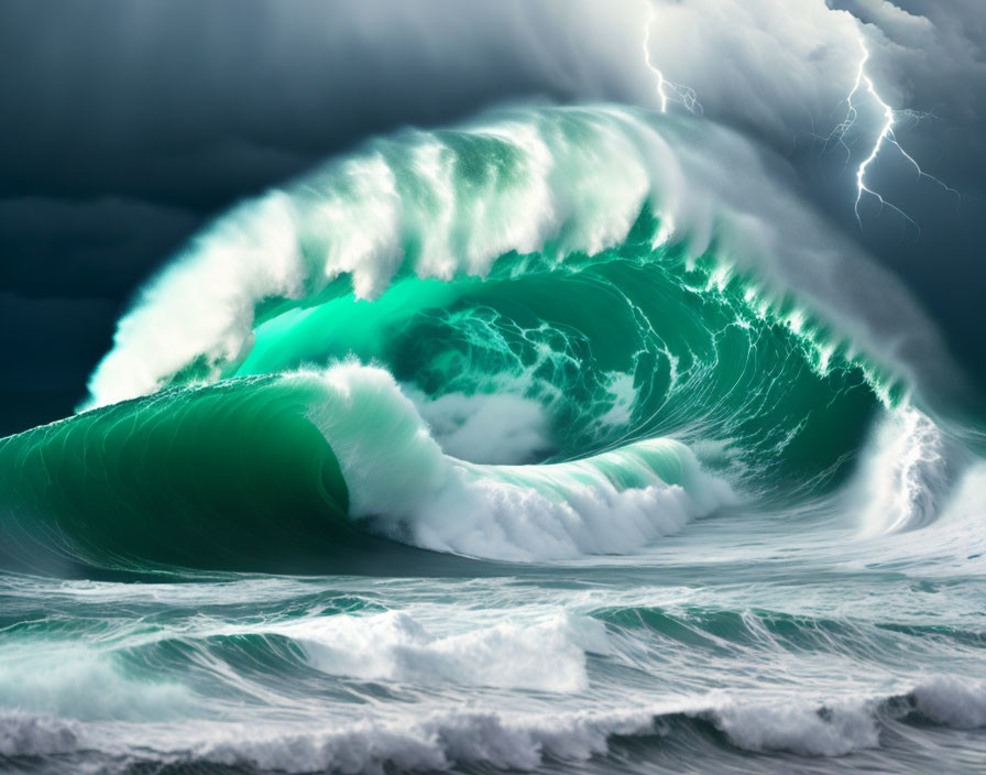 Turquoise Wave with White Foam Under Stormy Sky