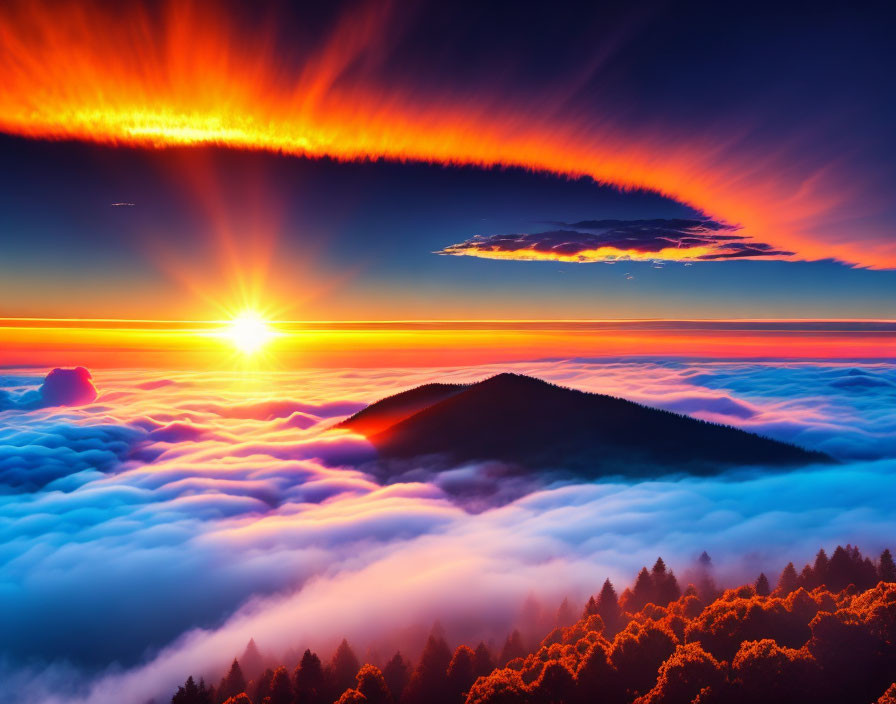 Majestic sunrise over cloud-covered forest landscape