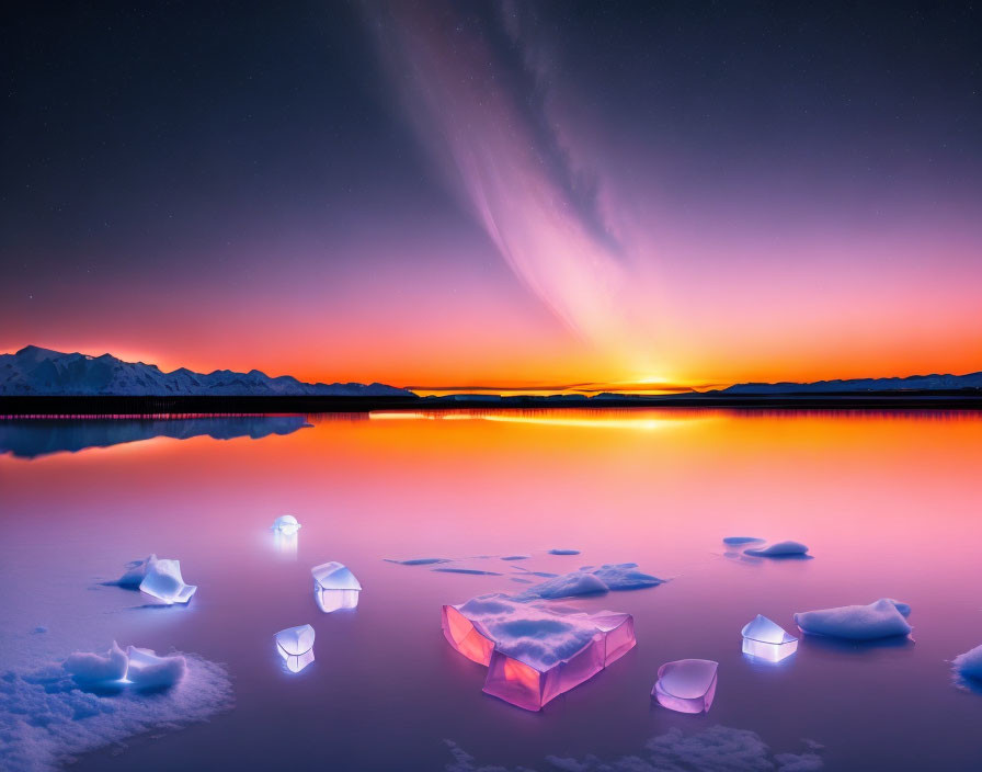 Winter twilight landscape with vivid auroras and frozen lake at sunset