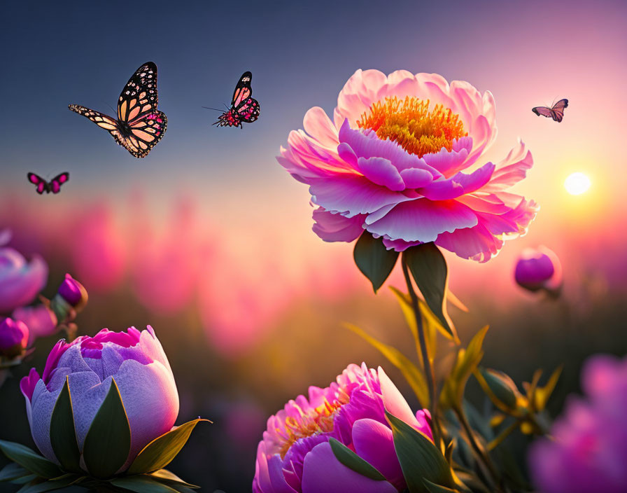 Colorful butterflies and blooming peonies in a sunset-lit scene