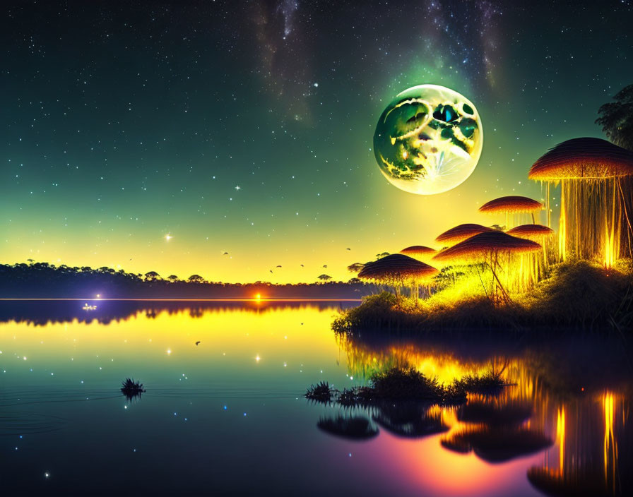 Nighttime lake scene with glowing mushrooms, starlit sky, and giant planet.