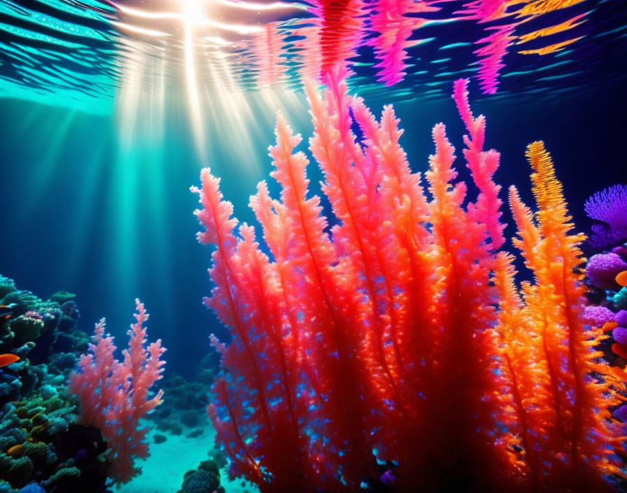 Underwater Scene: Vibrant Orange Coral and Diverse Marine Life