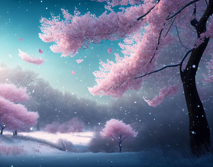 Cherry Blossom Trees in Snowy Twilight Landscape