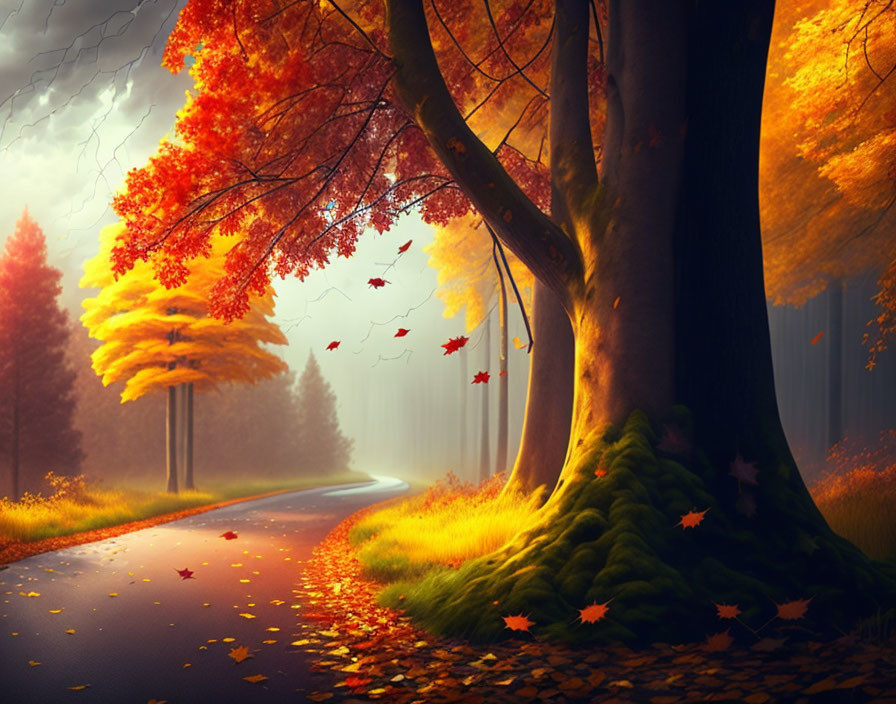 Scenic autumn forest with winding road and falling leaves