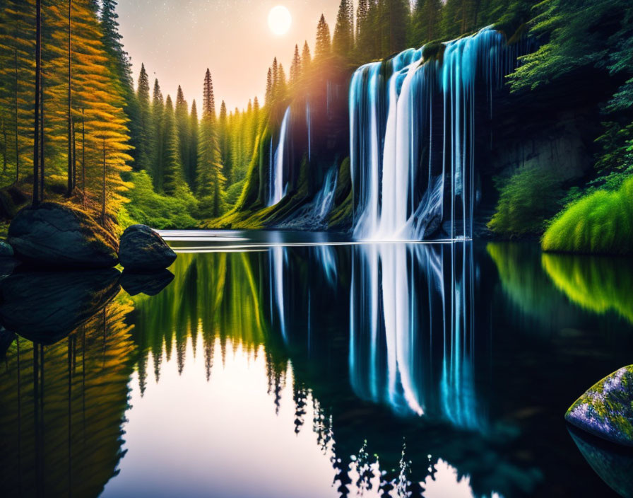 Tranquil waterfall in lush forest at golden sunset